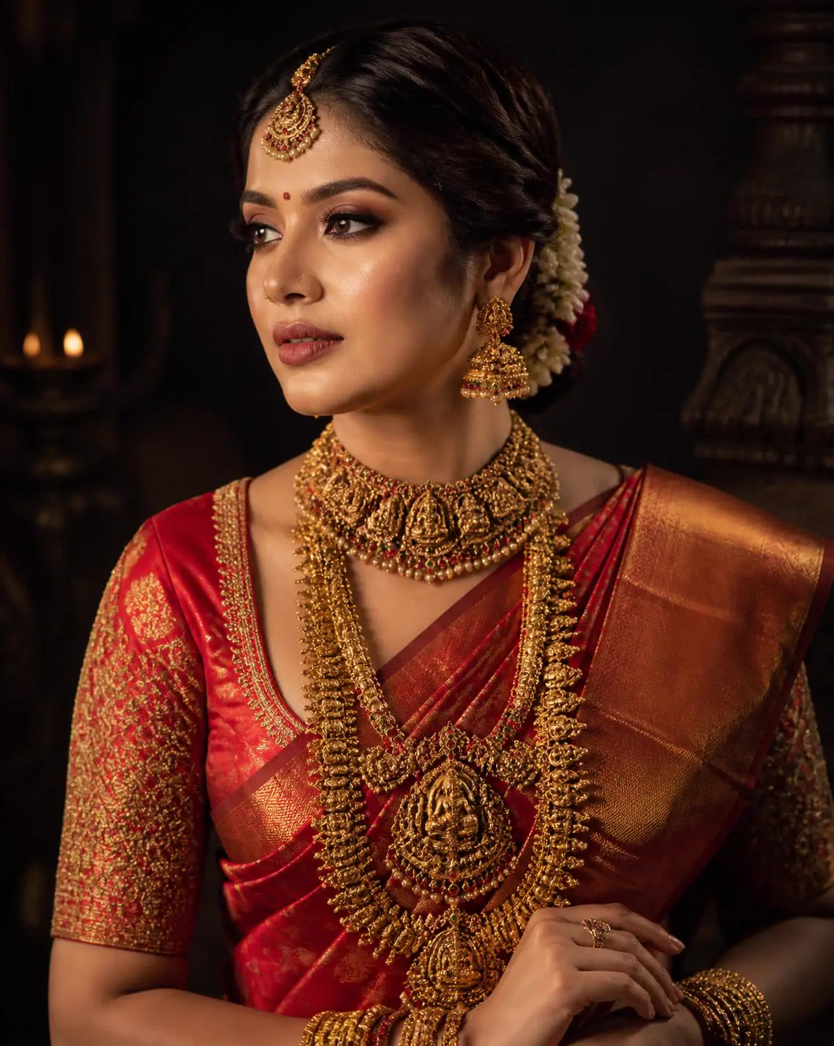 South Indian 22K gold bridal jewellery set with haram and jhumkas