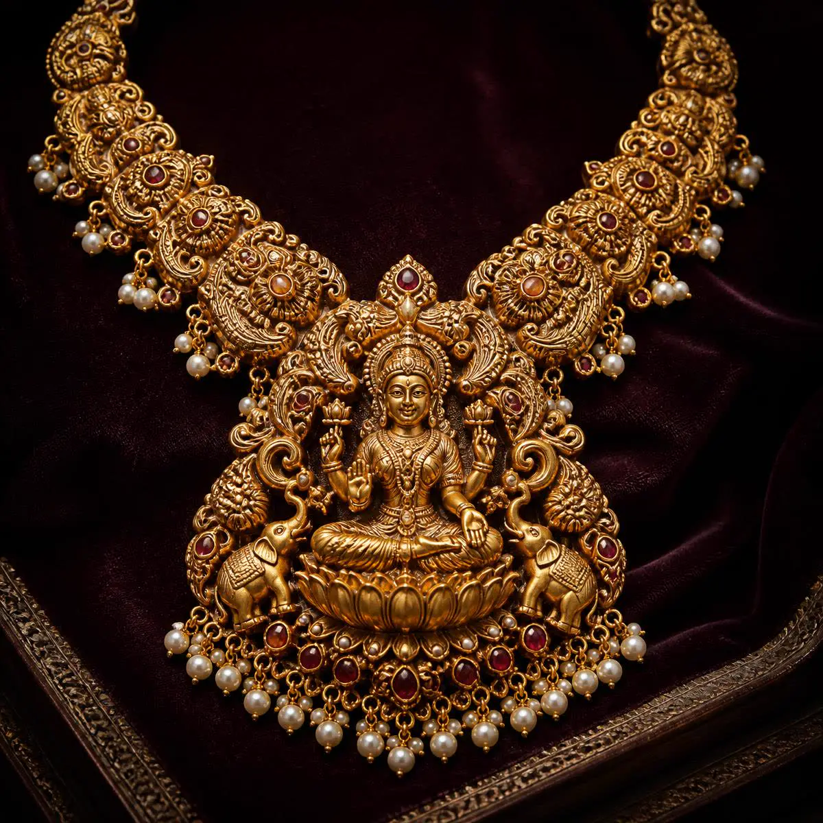Antique gold temple jewellery haram with Lakshmi motif by Ambaa Gold